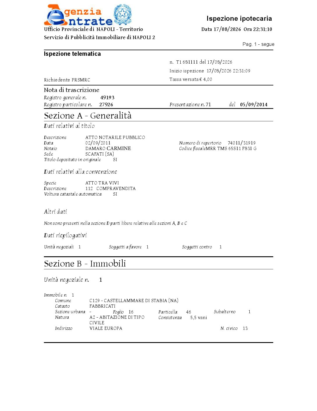 Dettaglio Nota Ipotecaria