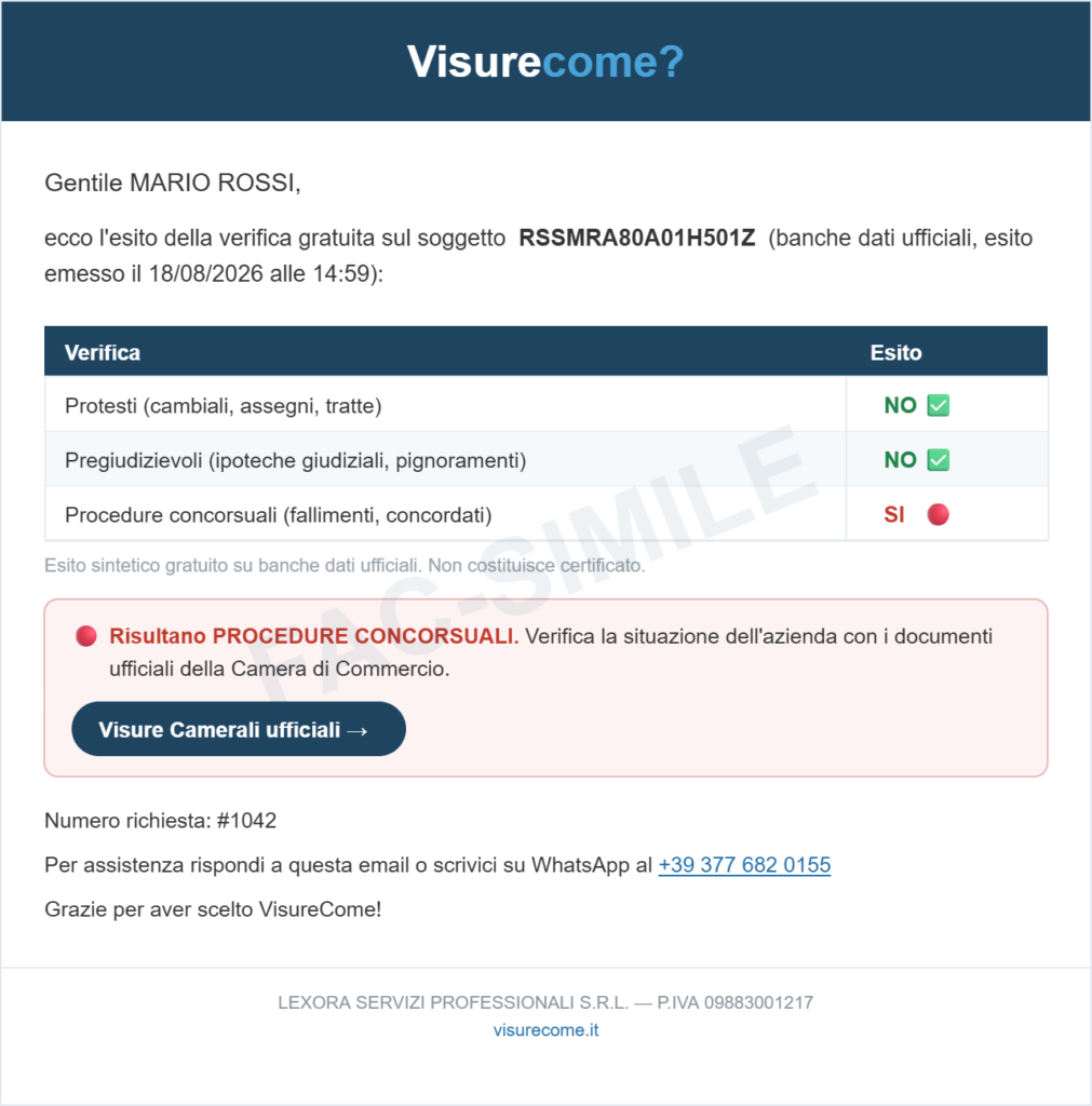 Fac-simile dell esito della verifica protesti gratuita